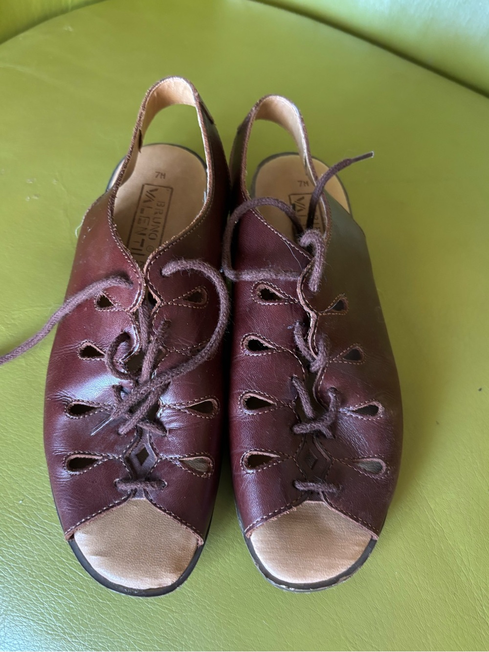 Vintage Bruno Valenti Brown Leather Lace Up Cutout Sandals Made in Brazil Size 7